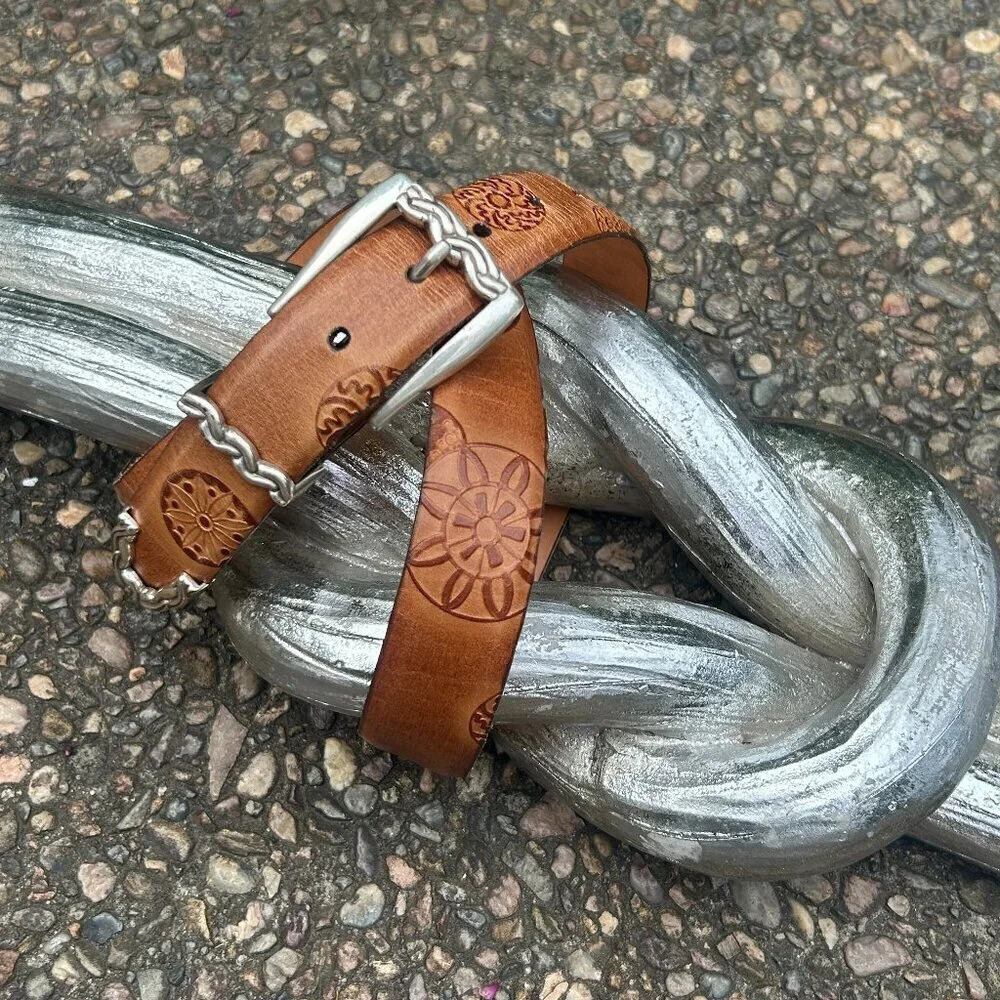Martin Dingman Hand Tooled 100% Leather Made in USA Belt Silvertone Buckle